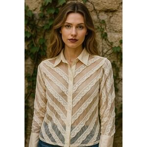 Zeeba Top Womens Medium Cream Coquette Mesh & Crochet Burnout Sheer Button Up